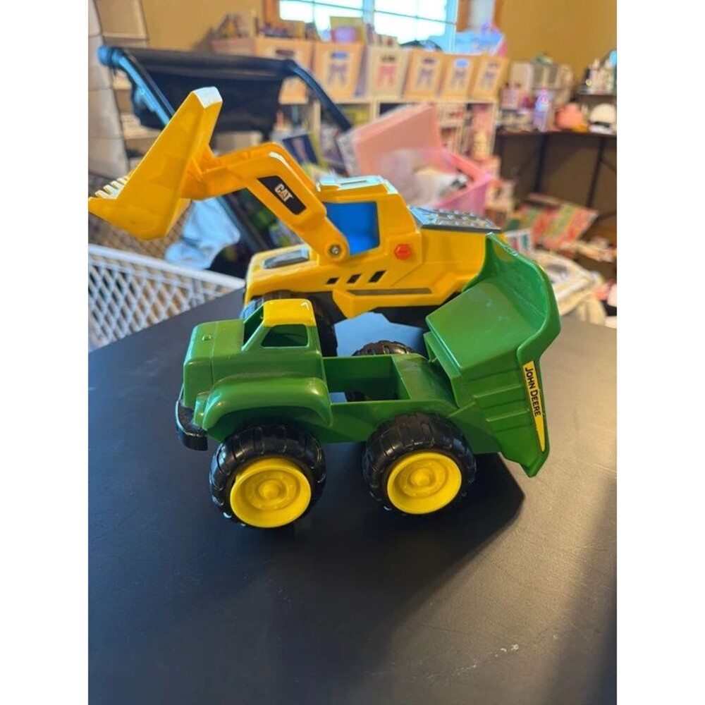 John Deere Green Dump Truck Toy w/ CAT Yellow Front Loader, Agriculture Theme